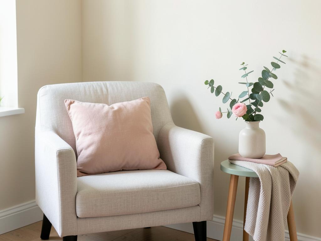 Poltrona clara com almofada rosa e vaso com eucalipto em sala acolhedora