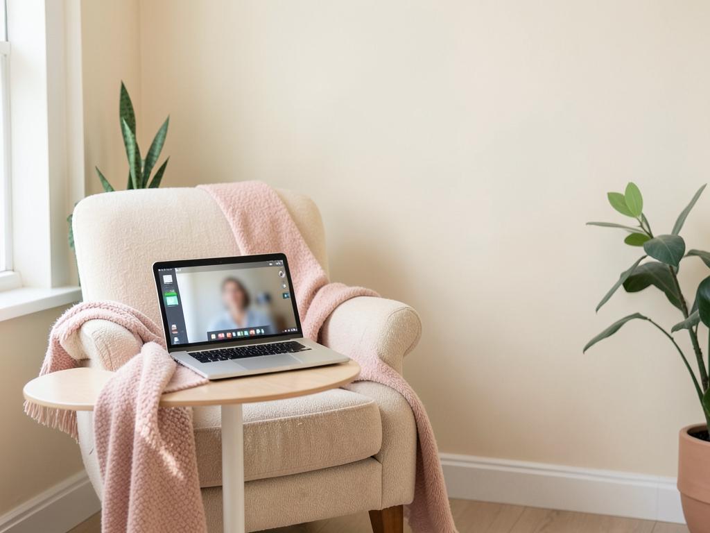 Poltrona com manta rosa e notebook aberto em videochamada de atendimento online