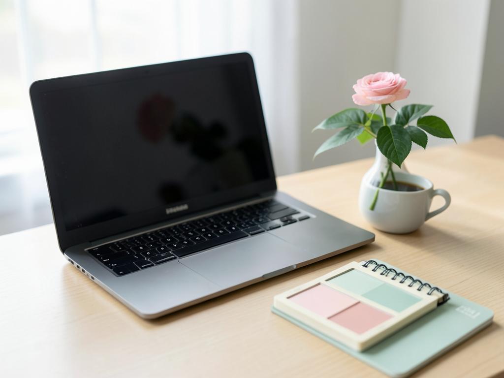 Notebook sobre mesa clara com flor rosa, ambiente de atendimento online